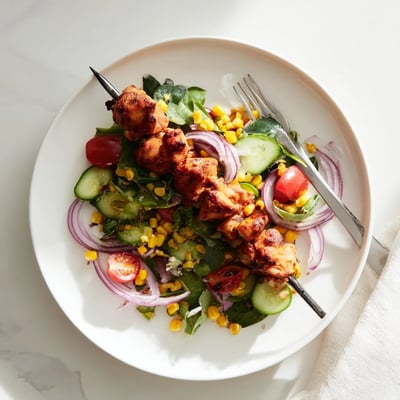 Juicy BBQ chicken skewer salad served with crisp lettuce, peppers, and sweet honey dressing